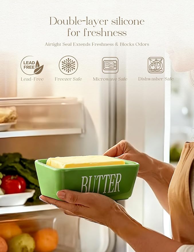 Ceramic Butter Dish with Lid and Knife & Silicone Seal for Countertop Green | Suitable Capacity, Great Sealing, Home Decor Kitchen Gift Housewarming Gift - Image 3