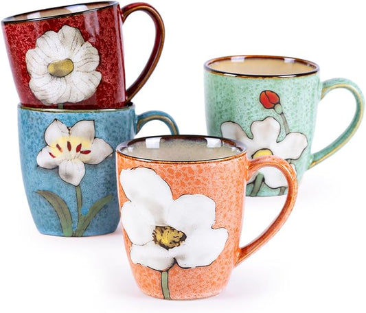 12oz Coffee Mugs Set of 4, Hand-Painted Floral Stoneware Cups with Handle, Dishwasher Microwave Oven Safe, Cappuccino Mugs for Latte, Tea, Espresso & Hot Cocoa, for Home Kitchen & Cafe, Mix by WHITEPENOY
