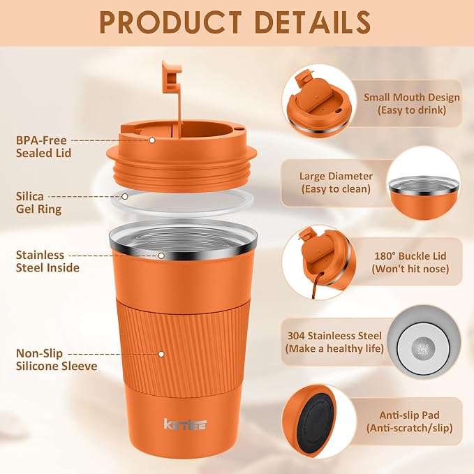 KETIEE 12oz Insulated Travel Mug, Vacuum Stainless Steel Double Walled Reusable Coffee Cup with Leakproof Lid, Travel Tumbler Coffee Mug to Go for Hot and Iced Tea Water (Orange) - Image 3