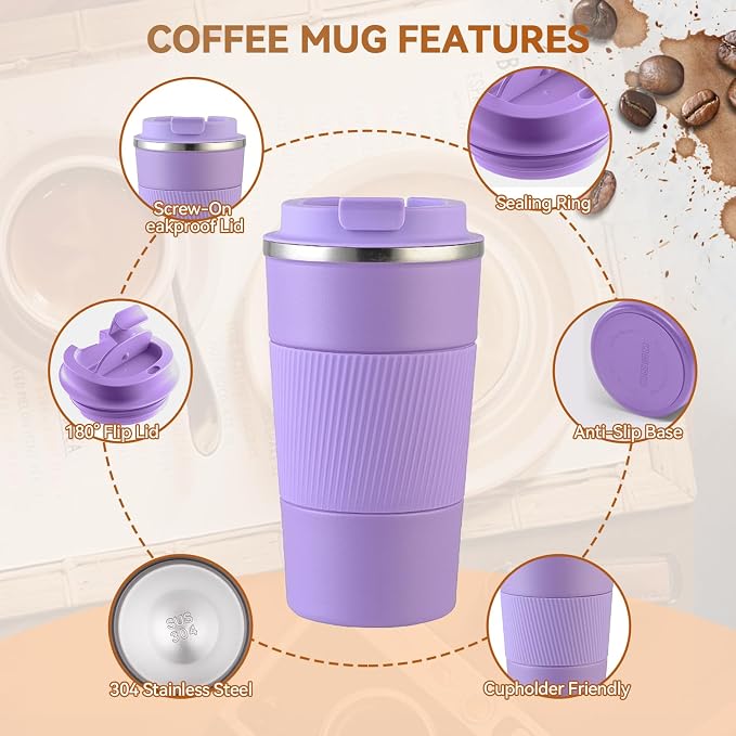 17OZ Travel Coffee Mug Insulated Coffee Cup with Spill Leak Proof Lid, Portable Stainless Steel Tumbler Reusable Hot and Cold Water Mug for Car, Daily, Camping- Purple - Image 5