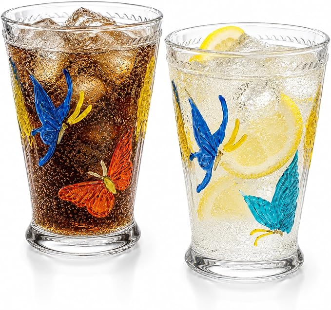 Butterfly Drinking Glasses Set of 2, 14oz Colored Highball Glasses | Vintage Glass Tumblers Hand Painted Glassware Water Tumbler for Water, Iced Coffee, Juice, Cocktails, Whiskey, Sparkling by Unknown