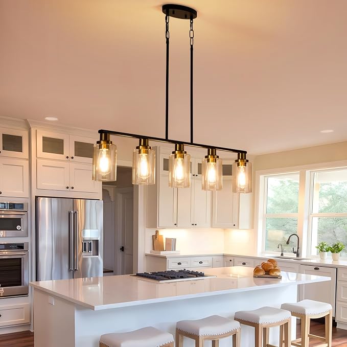 Dining Room Light Fixture,5-Light Farmhouse Linear Chandeliers for Dining Room Over Table，Matte Black and Gold Finish Kitchen Island Pendant Lighting for Kitchen Island，Pool Table Light - Image 2