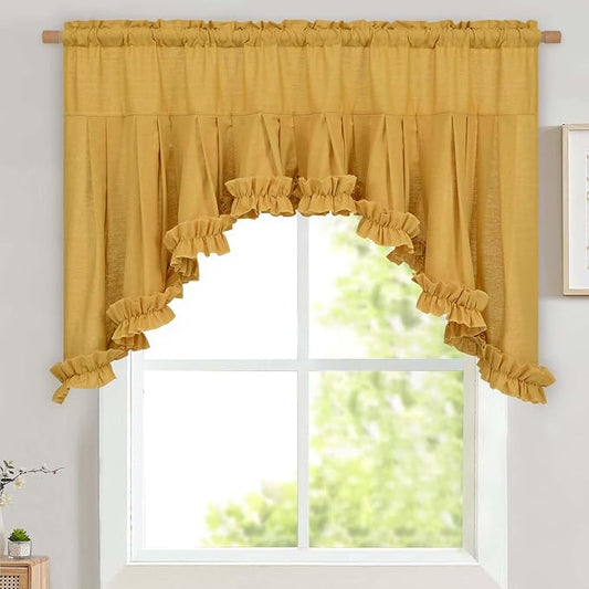 Likiyol Linen Valances for Windows Farmhouse Ruffle Swag Valance Rustic Country Window Valances Light Filtering Kitchen Curtains Rod Pocket Valance Curtains for Bathroom Cafe, Yellow, 60" W x 36" L by Likiyol