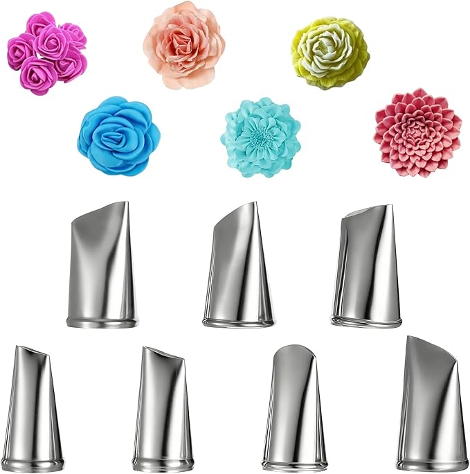 Fondant Rose Piping Tips Set, 7 Pcs Stainless Steel Frosting Piping Kit Cake Decorating Tips Cake Icing Nozzles Tip Decorating Tools Baking Set Tools for Cupcake Cookie Baking Buttercream Supplies
