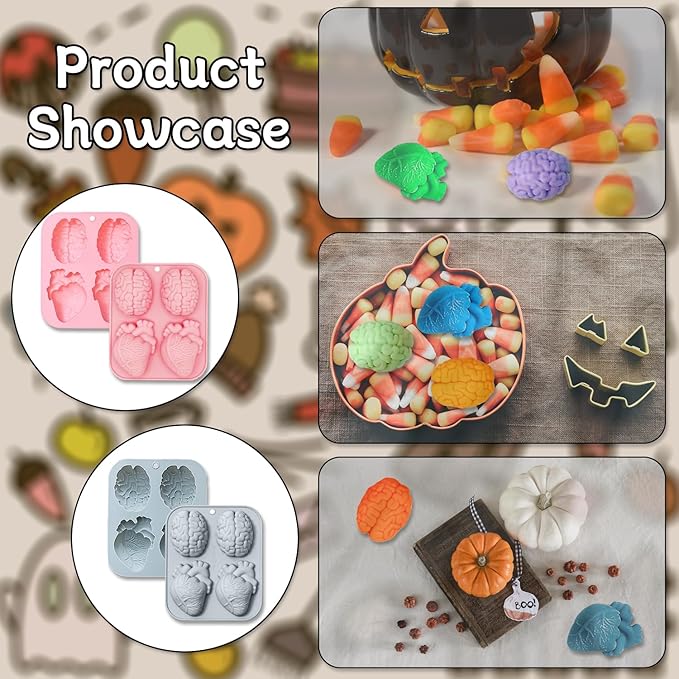 2 Pack 3D Human Brain Heart Silicone Molds, MaehSab Realistic Halloween Organ Shapes Molds for Chocolate, Pudding, Dessert, Jelly, Handmade Soap, Candle, Cake, Resin Craft Supplies