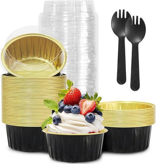 Graduation Party 50Pcs Mini Aluminum Foil Cupcake,5oz Baking Cups with Lids | Black Mini Cake Pans,Oven Safe,Loaf Pans with Lids,Disposable Ramekins,Tin Cups Containers for Cupcake,Muffin,Cheesecake by YOIYINI