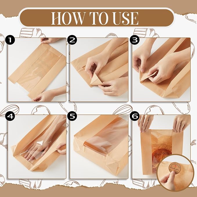 Feifeiya 100 Pack Kraft Paper Bread Bags for Homemade Sourdough Bread with Window & Stickers, 13.7x8.3" Large Bakery Bags for Loaves Greaseproof Food Packaging for Baking Gifts, Brown(Novel Style) - Image 6