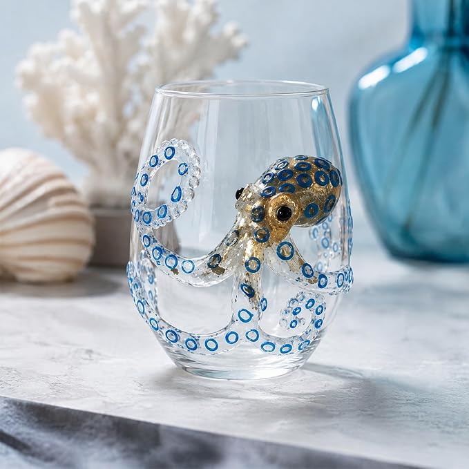 Handmade 3D Blue Ring Stemless Glass Wine Cup Ocean Bar (White Style 1) | 3D Sculpted Handmade Blue Ring Stemless Glass Ocean Cup Handblown Glassware (White Style 1) - Image 3
