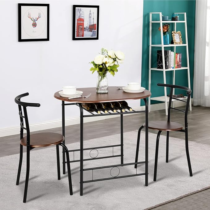 VINGLI 3 Piece Dining Set,Small Kitchen Table Set for 2,Breakfast Table Set for 2,Kitchen Wooden Table and 2 Chairs for Small Space/Dining Room/Apartment,Metal Frame,Wine Rack,Black&Walnut - Image 3