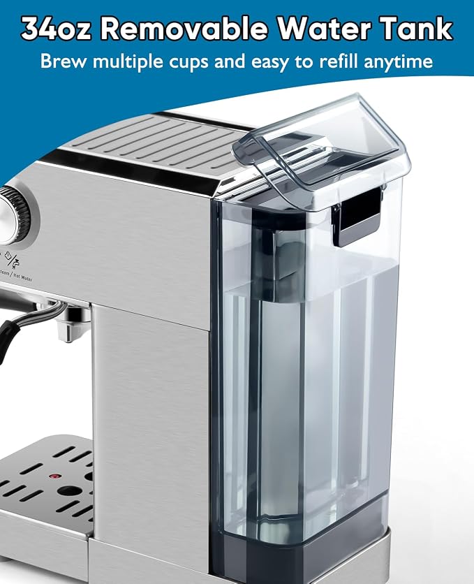 CUSIMAX Espresso Machine with Powerful Steam Wand for Latte & Cappuccino | 20Bar Compact Coffee Machine Stainless Steel Espresso Maker with 34oz Remevable Water Tank - Image 5