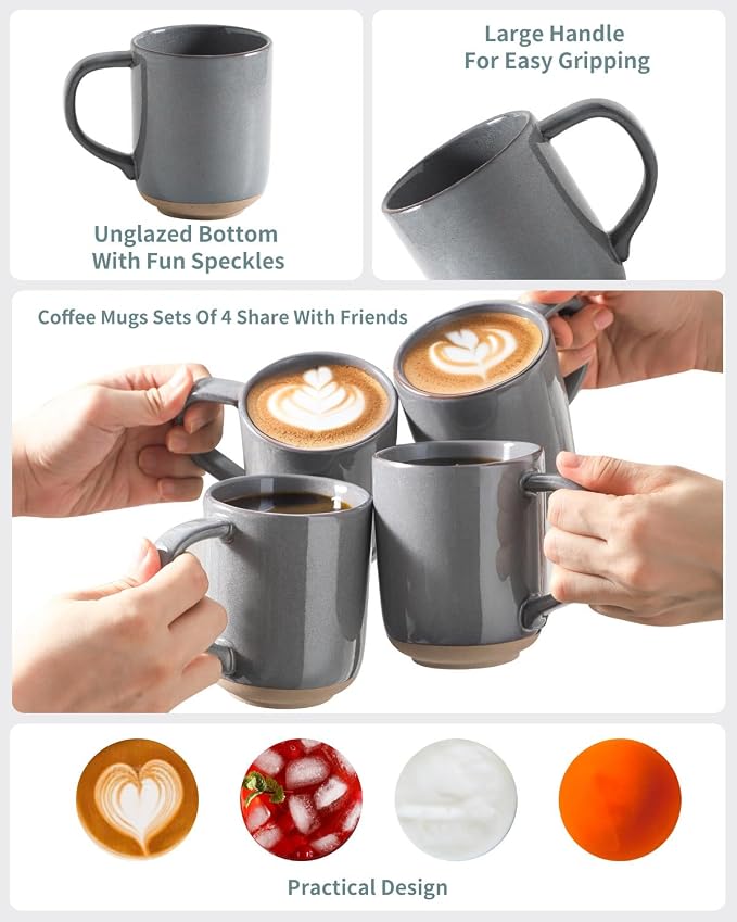 HASENSE Coffee Mugs, 12 OZ Coffee Cups Ceramic Set of 4 with Handle and Speckled Patterns for Man Woman, Vintage Stoneware Porcelain Coffee Cups Set for Tea, Cocoa, Milk, Latte and Cappuccino - Gray - Image 3