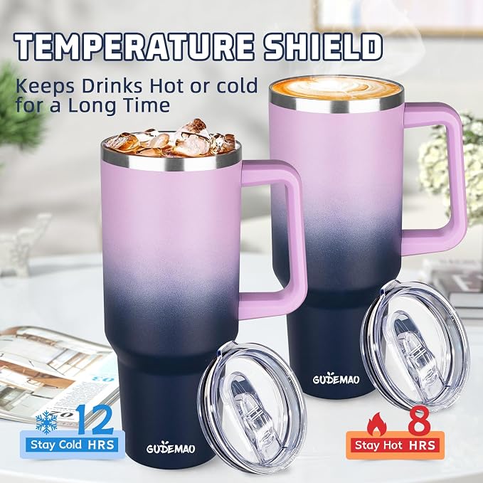 40 oz Insulated Coffee Mug with Ceramic Coating, Stainless Steel Travel Mug Tumbler with Handle Lid and Straw, Double Wall Leak-Proof Coffee Travel Mug Keeps Drink Hot and Cold (Purple Navy) - Image 4