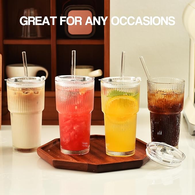 Haundry 20 oz Ribbed Glass Tumbler with Lids and Straws, 2 Pack Iced Coffee Cups, Thickened Glassware Set, Ripple Design Glass Cups for Coffee, Soda, Smoothies, Cocktails and Juice