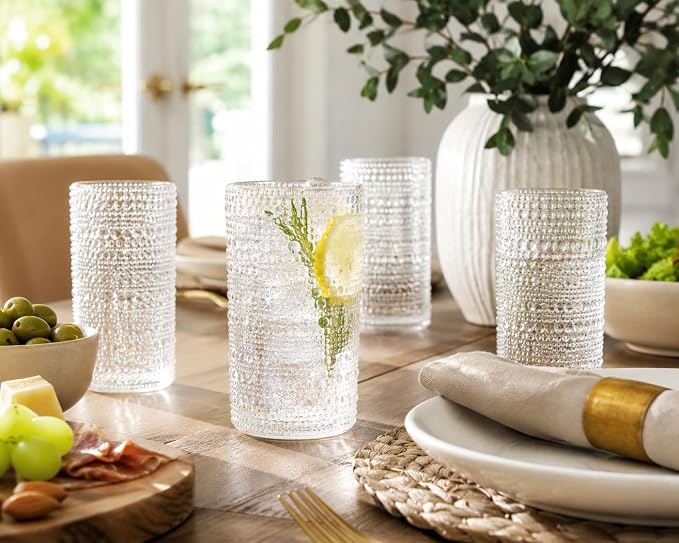 Highball Glasses Hobnail, Set of 8, Textured Embossed Beaded Design, 15.2 oz Cocktail Cooler Drinking Glassware Elegant Everyday Home Dinner Bar - Image 3