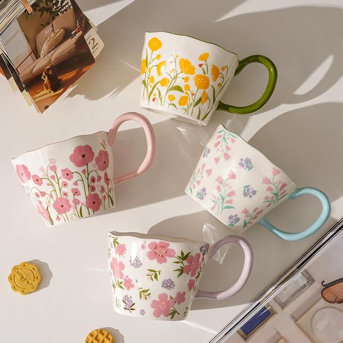 Cute Floral Coffee Mug Set of 4-12oz Ceramic Flower Embossed Cups with Petal Handles, Dishwasher and Microwave Safe - Image 2