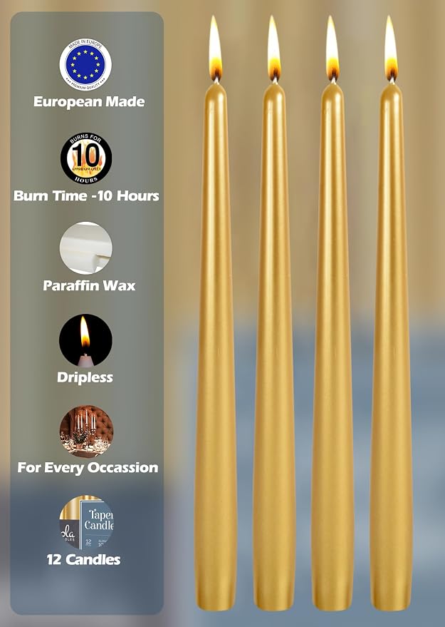 12 Pack Tall Taper Candles - 12 Inch Metallic Gold Dripless, Unscented Dinner Candle - Paraffin Wax with Cotton Wicks - 10 Hour Burn Time - Image 3