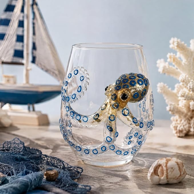 Handmade 3D Blue Ring Stemless Glass Wine Cup Ocean Bar (White Style 1) | 3D Sculpted Handmade Blue Ring Stemless Glass Ocean Cup Handblown Glassware (White Style 1) - Image 2