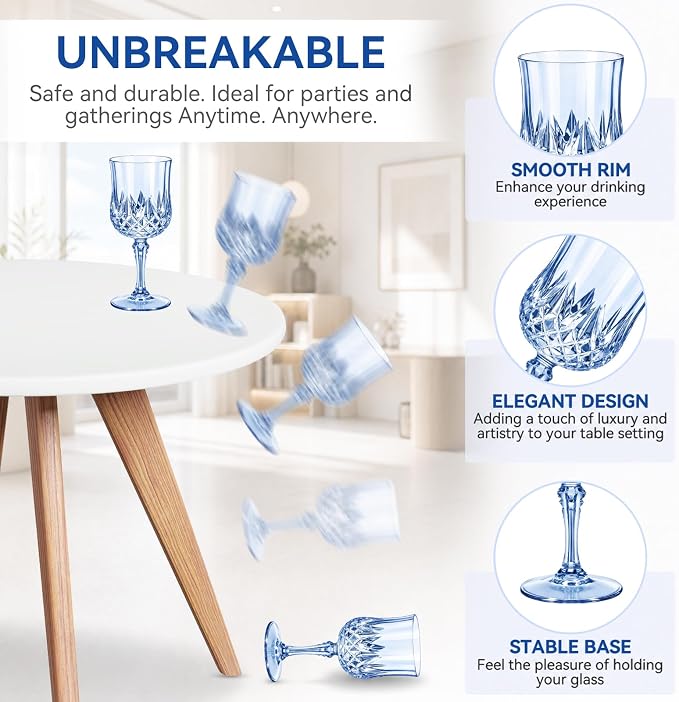 Sliner 96 Pcs 7oz Plastic Vintage Wine Glasses Drinking Goblets Unbreakable Crystal Water Glassware Reusable Diamond Champagne Flutes Cups for Wedding Banquet Birthday Party Supplies (Light Blue) - Image 4