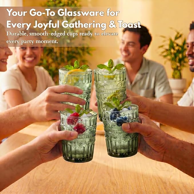 Green Drinking Glasses Set of 12, 12 Oz Highball & 10 Oz Cocktail Glasses, Green Kitchen Vintage Glassware Set, Floral Embossed Glass Tumbler Cups for Beer, Juice, Whiskey, Coffee(Crown) - Image 5