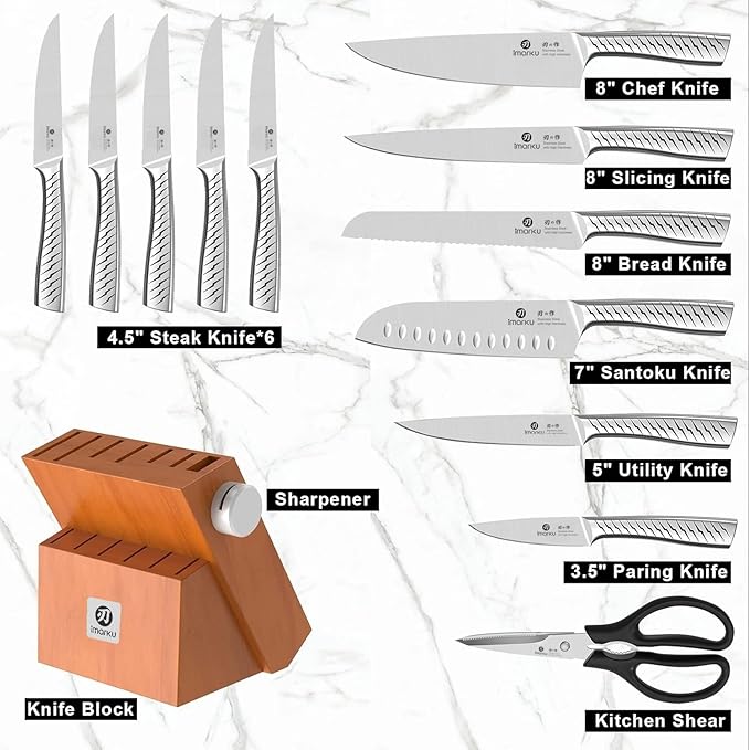 imarku® Knife Set,14-Piece Knife Sets for kitchen with block,Premium One-Piece Kitchen Knife Set with Sharpener,High Carbon Stainless Steel Knives Set for Kitchen,Silver,Dishwasher Safe - Image 3