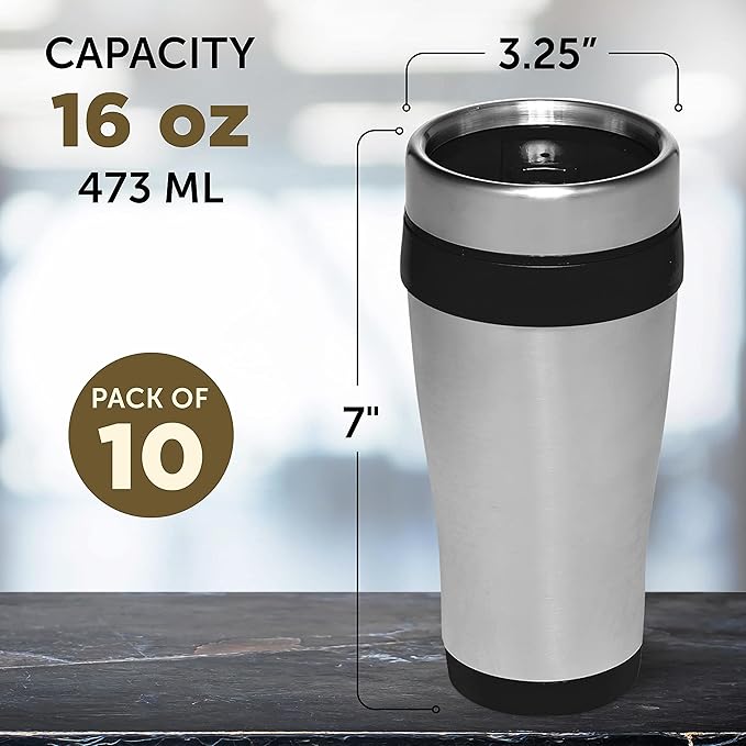 DISCOUNT PROMOS Insulated Stainless Steel Travel Mugs 16 oz. Set of 10, Bulk Pack - Perfect for Coffee, Soda, Other Hot & Cold Beverages - Black
