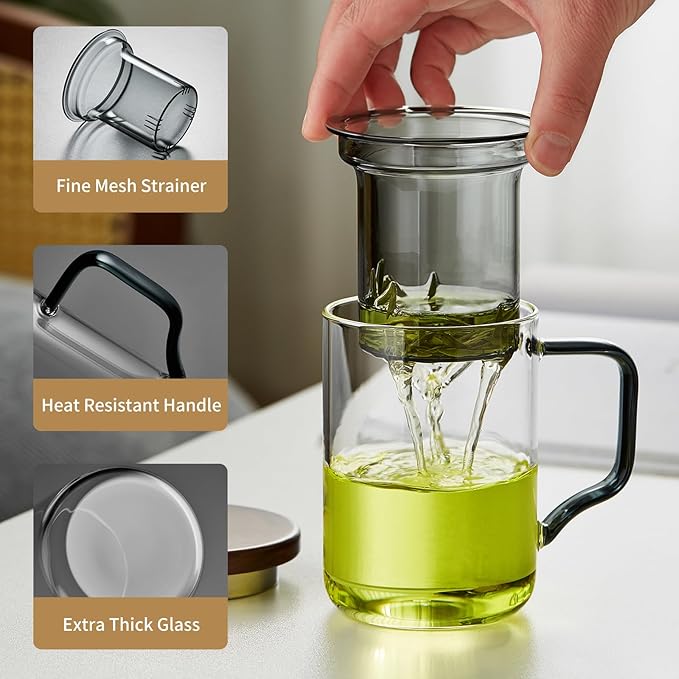 Glass Tea Cup with Infuser and Lid, 14.5oz/430ml Large Borosilicate Teacup, Clear Mug for Loose Leaf Tea,Birthday Gift for Women and Man