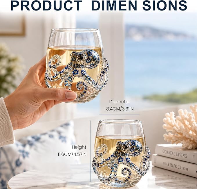 Coastal Stemless Wine Glasses Set of 4, 12oz 3D Ocean Animal Artisan Glassware Collection with Unique Sea Life Designs (A - Set of 1) - Image 3
