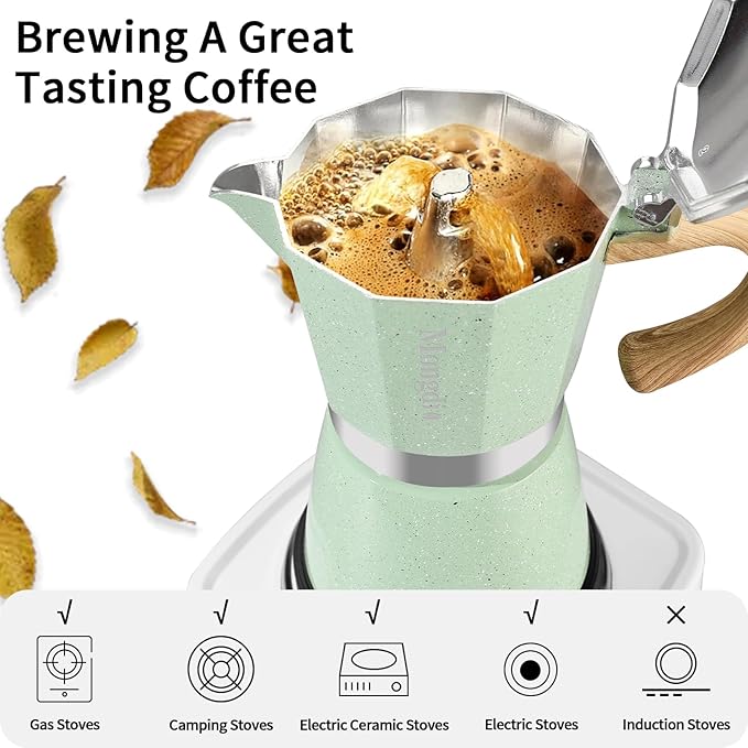 Mongdio Stovetop Espresso Maker Moka Pot, Cuban Coffee Maker Stove top coffee maker Moka Italian Espresso Greca Coffee Maker Brewer Percolator, 12 Espresso Cups, 20 oz - Green