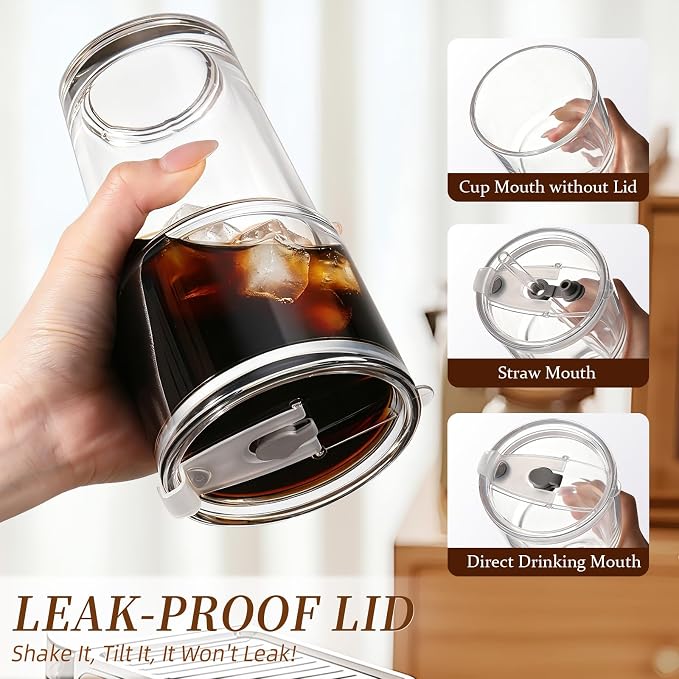 Iced Coffee Cups with Lids 2Pcs: Coffee Bar Accessories - Glass Tumbler with Straw and Lid 20oz - Vintage Glass Cups with Lids and Straws - Tumbler Leak Proof Aesthetic Drinkware for To Go Iced Coffee - Image 4