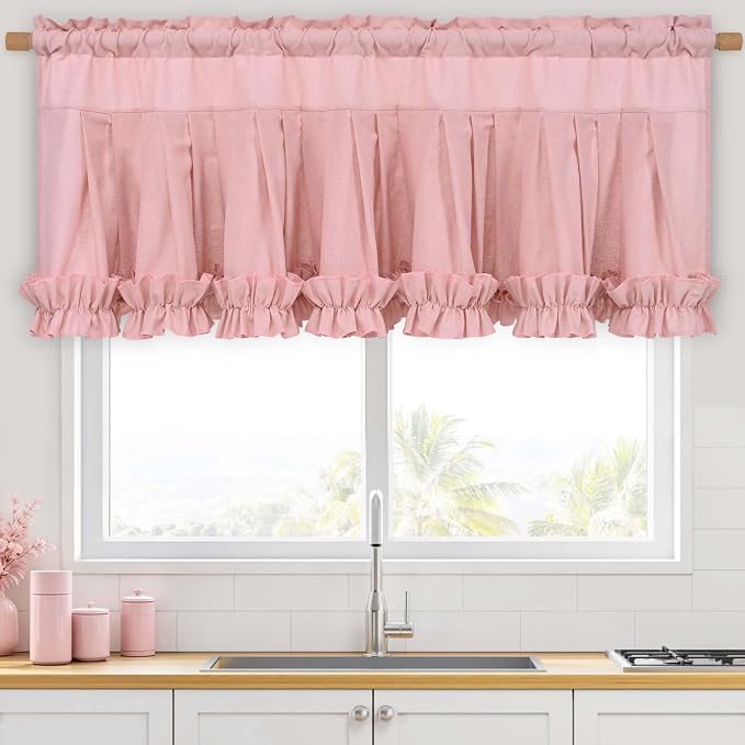 Likiyol Linen Valances for Windows Farmhouse Window Valances with Ruffle Rustic Country Light Filtering Kitchen Valance Curtains Rod Pocket Valance for Bathroom Cafe, Pink, 52" W X 18" L - Image 3