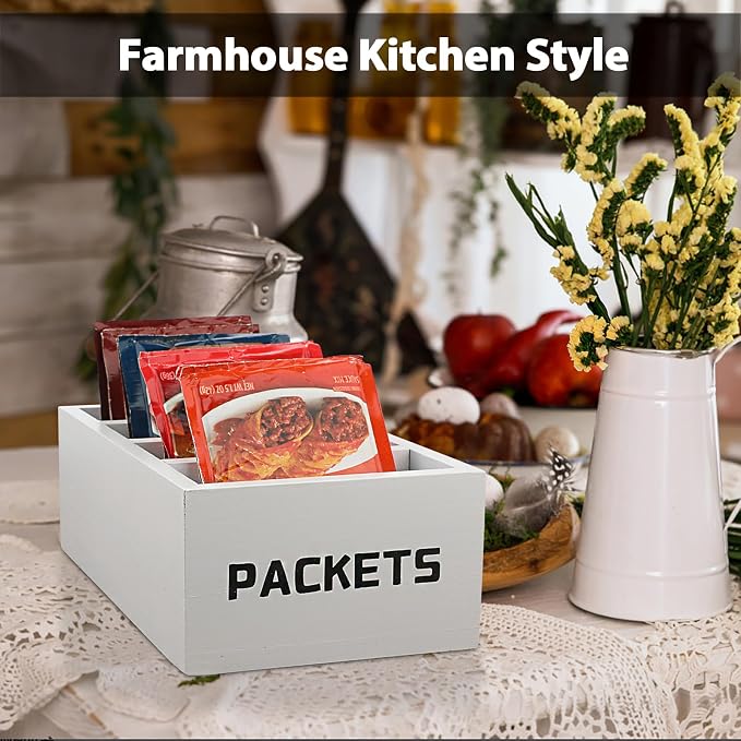 BSTKEY Seasoning Packet Organizer, Food Packet Storage Organizer with 4 Compartments, White Wooden Storage Caddy for Kitchen Pantry Cabinet, Farmhouse Kitchen Organization Bins for Snack Spice Packets - Image 7
