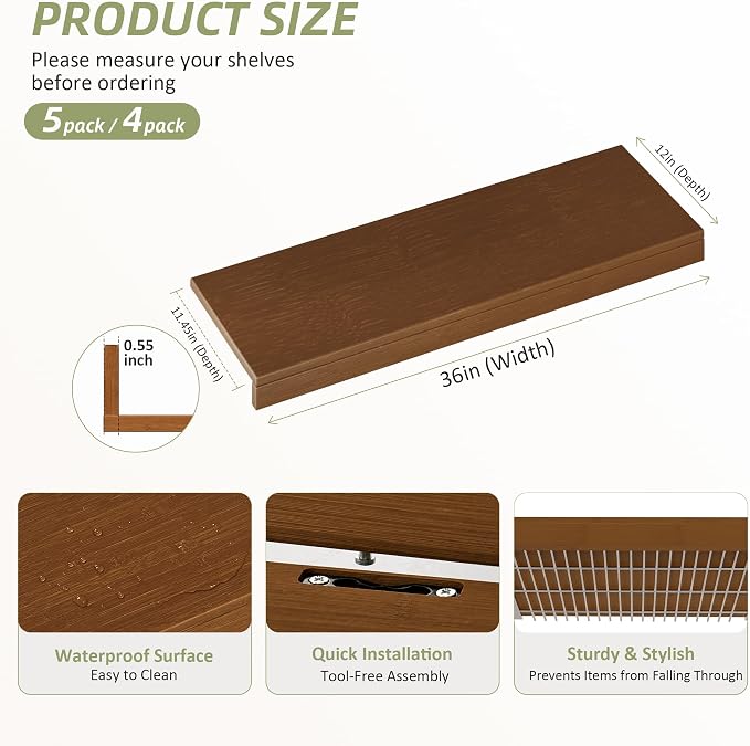 Wire Shelf Covers, Bamboo Wire Rack Covers for Pantry, Closet，Kitchen (5pcs, 36" W x 12" D, Walnut) - Image 2