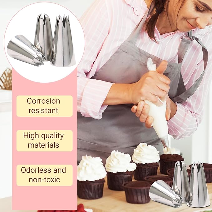 2D+1M+2F Piping Tips Set for Cake Decorating - 3 Piece Stainless Steel Star Nozzles for Buttercream, Icing, Cupcakes & Cookies