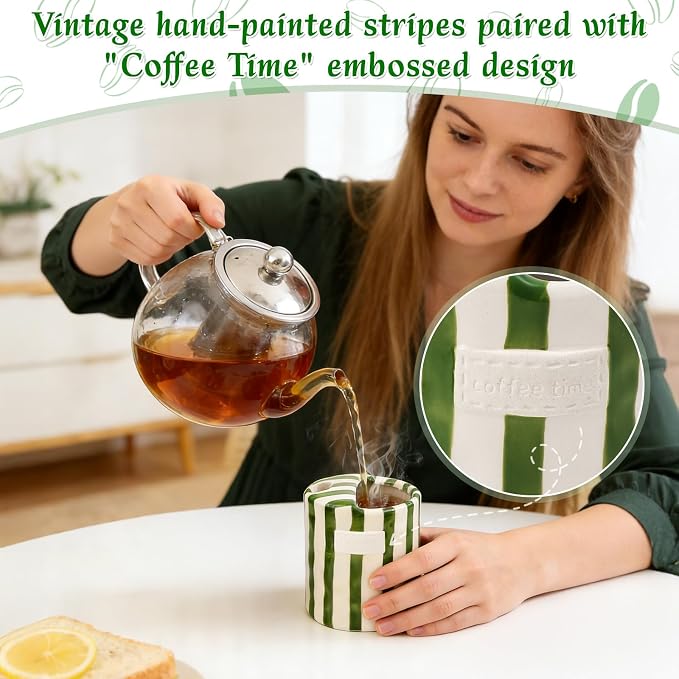 Ceramic Coffee Mug with Sip Hole 10oz Cute Espresso Cup | Unique Hand-Drawn Green and White Striped Design, Microwave and Dishwasher Safe, for Kitchen Dining, Office, Holiday Gift - Image 2