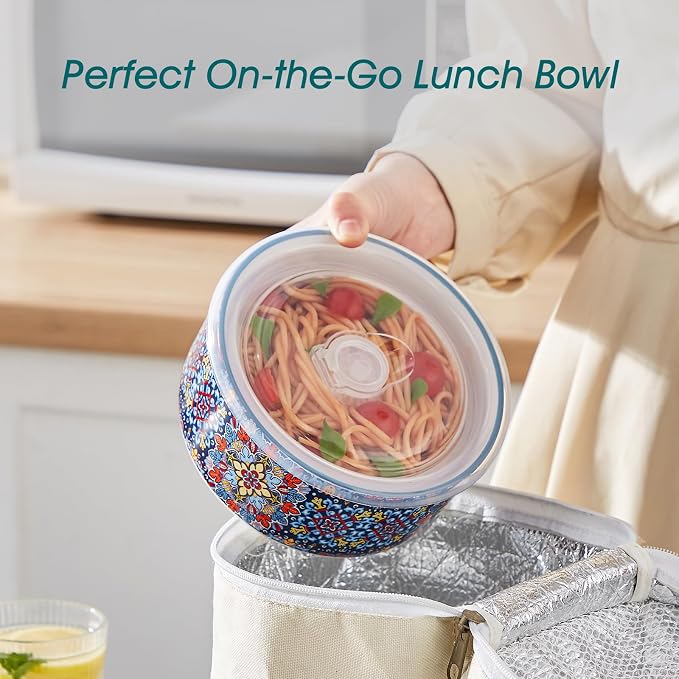 vancasso SIMI 36 oz Ceramic Bowls with Lids Set of 4,Bohemian Serving Bowl | 6 Inch Food Storage Containers Prep Bowls for Leftovers, Soup, Cereal, Meal Prep, Office Lunch, Microwave & Dishwasher Safe - Image 8