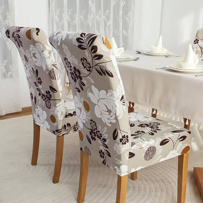 FORCHEER Chair Covers for Dining Chairs Set of 6,Beige Floral Stretch Dining Room Chair Cover Kitchen Parsons Chair Slipcovers (Pack of 6, Beige+Floral) - Image 4