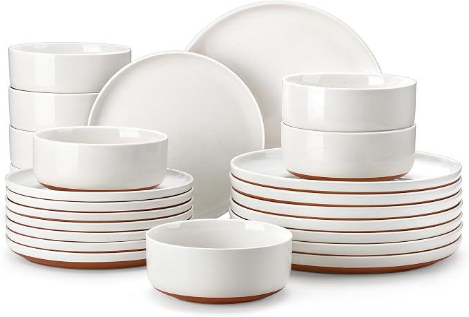 MALACASA Plates and Bowls Sets, 24 Pieces Modern Ceramic Dinnerware Set for 8 Kitchen Stoneware Dishes Dishware Set Microwave and Dishwasher Safe, White, Series TARA by MALACASA