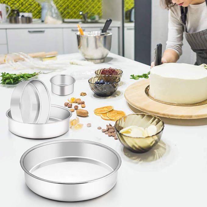 TeamFar Cake Pan, Stainless Steel Round Baking Pans Set for Layer Cake Pie | 4'' & 6'' & 8'' & 9½'', Smash Cake Pan Tier Cake Tins, for Baking Serving at Camping Wedding, Oven & Dishwasher Safe - 4 PCS - Image 5