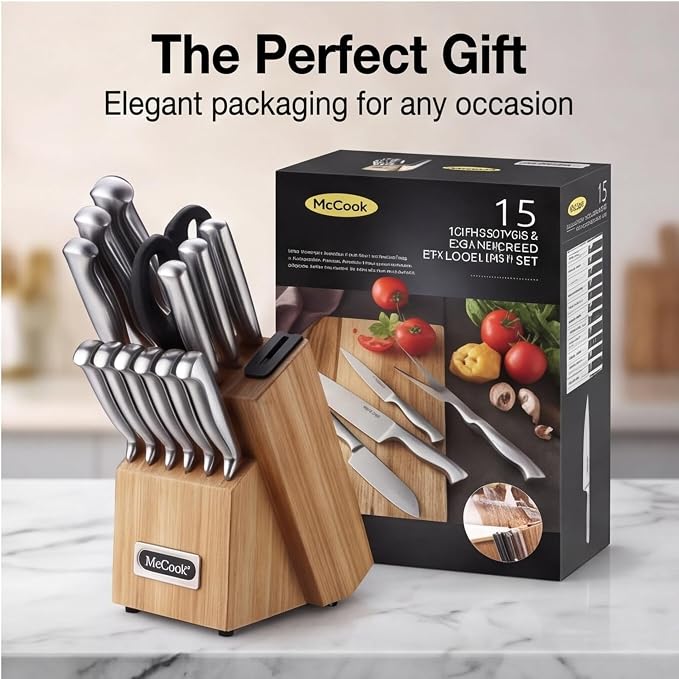 McCook Knife Set Kitchen Steel Knife Block Set w Built-in Sharpener | German Forged Stainless Steel,15 PC,Razor Sharp,Non-Stick&Anti-Rust,Ergonomic Handle,Full Tang,Gift Box - Image 8