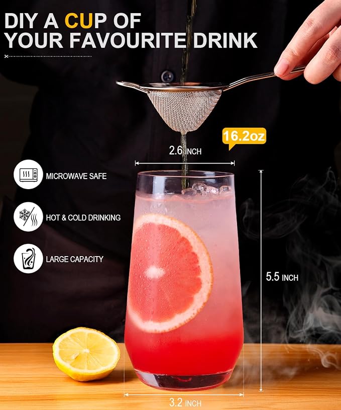Drinking Water Glass Cups Set,Crystal Clear tall Glass cups set of 6,16.2oz - Image 3