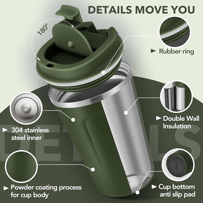 Volhoply 12 oz Double Wall Insulated Vacuum Travel Coffee Mug with Flip Lid,Reusable Stainless Steel Leak Proof Coffee Cup,Portable Cafe Thermal Tumbler Suitable for Hot&Cold Drinks(Army Green,1 Set) - Image 4