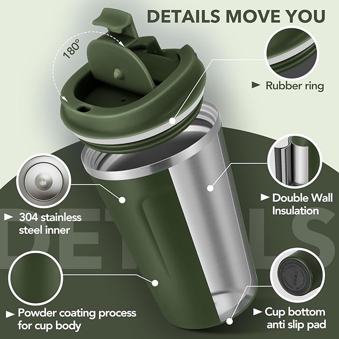 Volhoply 12 oz Double Wall Insulated Vacuum Travel Coffee Mug with Flip Lid Bulk 4 Pack,Reusable Stainless Steel Leak Proof Coffee Cup,Portable Thermal Tumbler for Hot & Cold Drinks(Army Green,8 Set) - Image 4