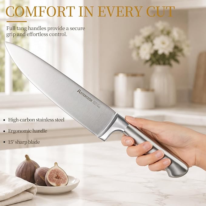 Astercook Knife Set for Kitchen with Block Sharpener 14Pcs Dishwasher Safe | Full Tang Stainless Steel Knives and Anti-Slip Ergonomic Handle Utensils Set - Image 4