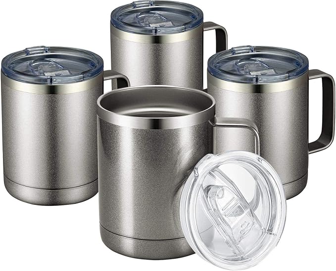 MEWAY 12oz Coffee Mug With Handle 4 Pack Bulk,Stainless Steel Insulated Travel Tumblers With Sliding Lid,Double Wall Vacuum Camping Cup for Hot & Cold Drinks Tea (Cold Grey,Set of 4) by MEWAY