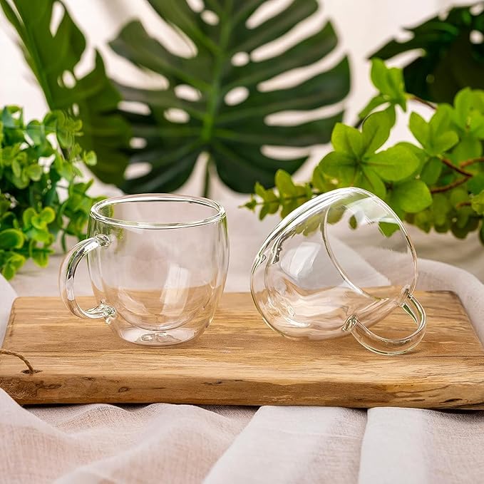 Espresso Cups Set Of 2 5 Oz, Double Walled Glass Coffee Mugs with Handle,Insulated Layer Coffee Cups,Clear Borosilicate Glass Mugs,Perfect for Cappuccino,Tea,Latte,Espresso,Hot Beverage,Wine