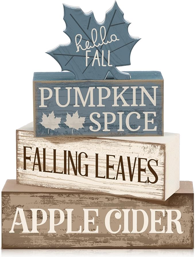 Moucuny 4 Pcs Fall Table Decoration Rustic Blue Maple Leaf Stacked Wooden Block Decor Thanksgiving Tiered Tray Decor Blue and White Maple Leaf Block Sign Gift Fall Centerpiece for Harvest Home Kitchen by Moucuny