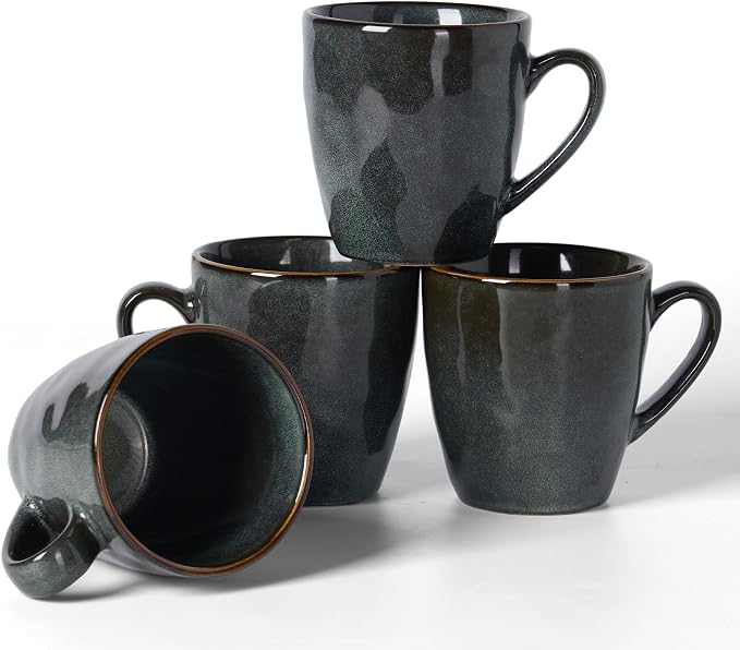 famiware Coffee Mugs Set of 4, Ocean Round 11.5oz Coffee Cup Set with Handle for Cocoa, Milk, Hot Chocolate, Tea or Water, Stoneware Cups for Kitchen, Microwave Dishwasher Safe, Deep Forest by Famiware