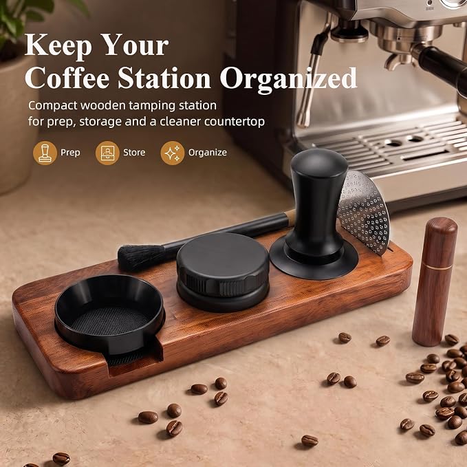 7 PCS Espresso Accessories Kit - 58mm Espresso Tamper Kit with Distributor, Tamping Station, WDT Tool, Funnel, Puck Screen & Brush - Espresso Machine Accessories for 58mm Portafilter - Image 6