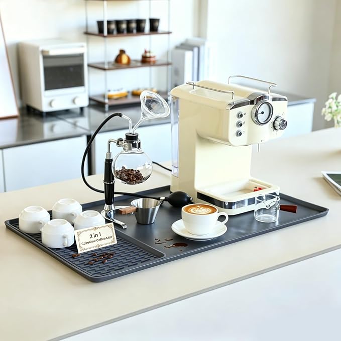 Caketime 2 In 1 Extra Large 16"x28" Silicone Coffee Bar Mat Accessories Heat Resistant for espresso Machine with Detachable Dish Drying Rug Waterproof Kitchen Office House Home Cafetera Must Have by CAKETIME