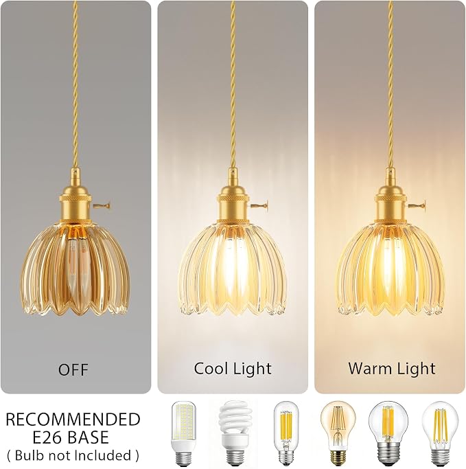 Ralbay Vintage Pendant Lights Kitchen Island,Amber Tulip Glass Shade,3Packs | Mini Pendant Light Fixture with Switch, Adjustable Brass Hanging Light for Bedroom, Dining Room, Hallway, Bar - Image 3